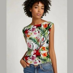 Luisa Ricci Floral Sweater Top Birds of Paradise Capped Sleeves Italy Tropical L